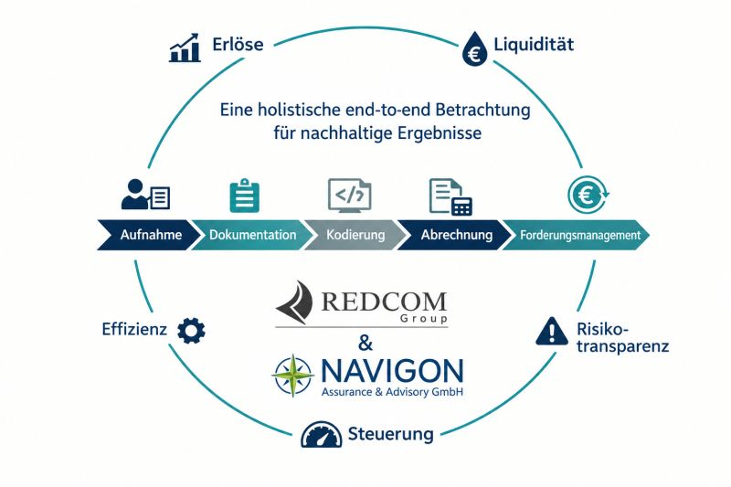 Prozesskette Aufnahme, Dokumentation, Kodierung, Abrechnung und Forderungsmanagement im Kreislauf von Erlösen, Liquidität, Risikotransparenz, Steuerung und Effizienz – REDCOM Group und NAVIGON Assurance & Advisory GmbH